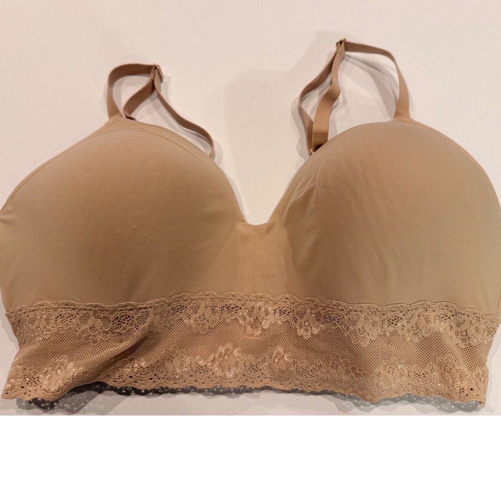 Natori Bliss Perfection Wireless Bra 36D Cafe Beige Lace Trim 723154